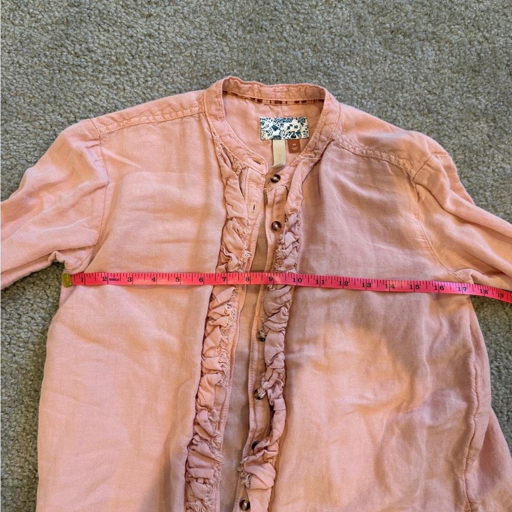 Pilcro Anthropologie Light Pink Linen Ruffled Button Down Blouse Size XS - Picture 9 of 11